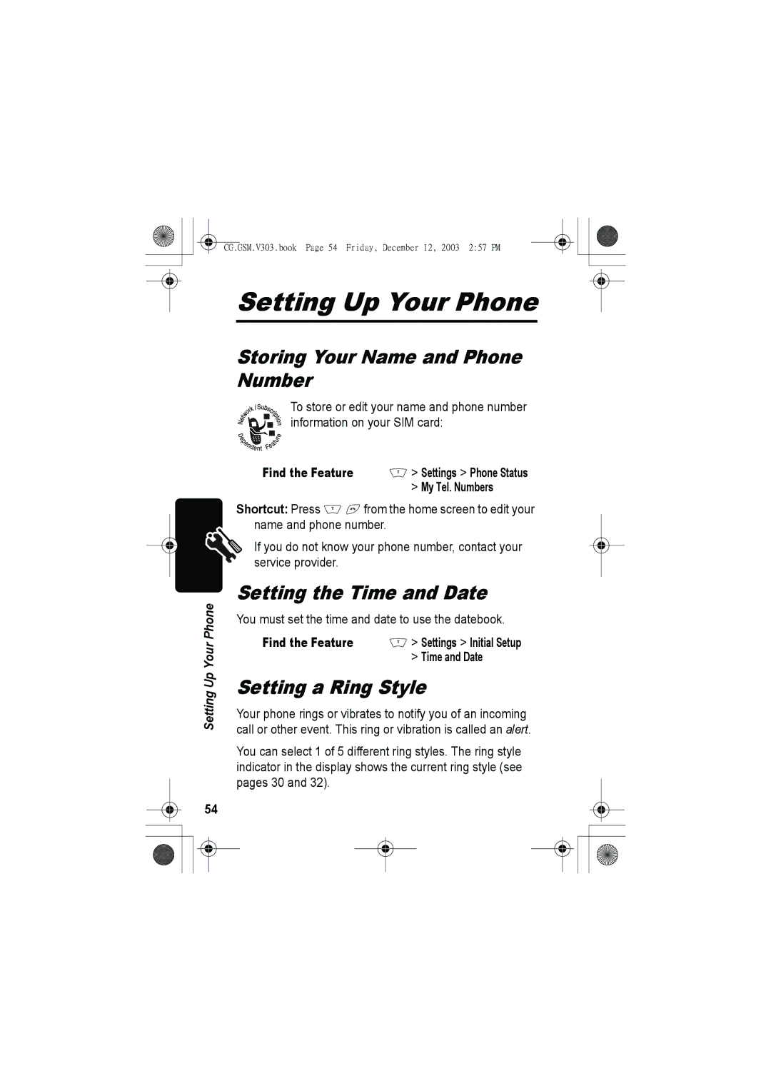 Motorola V303 Setting Up Your Phone, Storing Your Name and Phone Number, Setting the Time and Date, Setting a Ring Style 