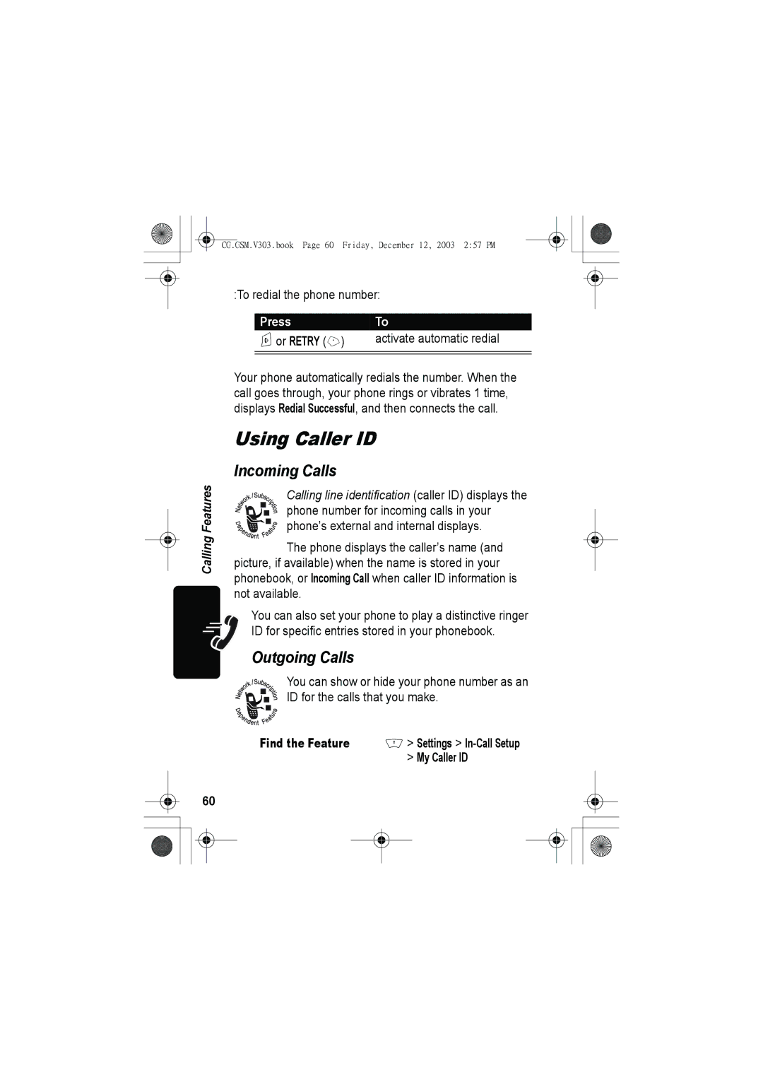 Motorola V303 manual Using Caller ID, Incoming Calls, Outgoing Calls, Or Retry + 