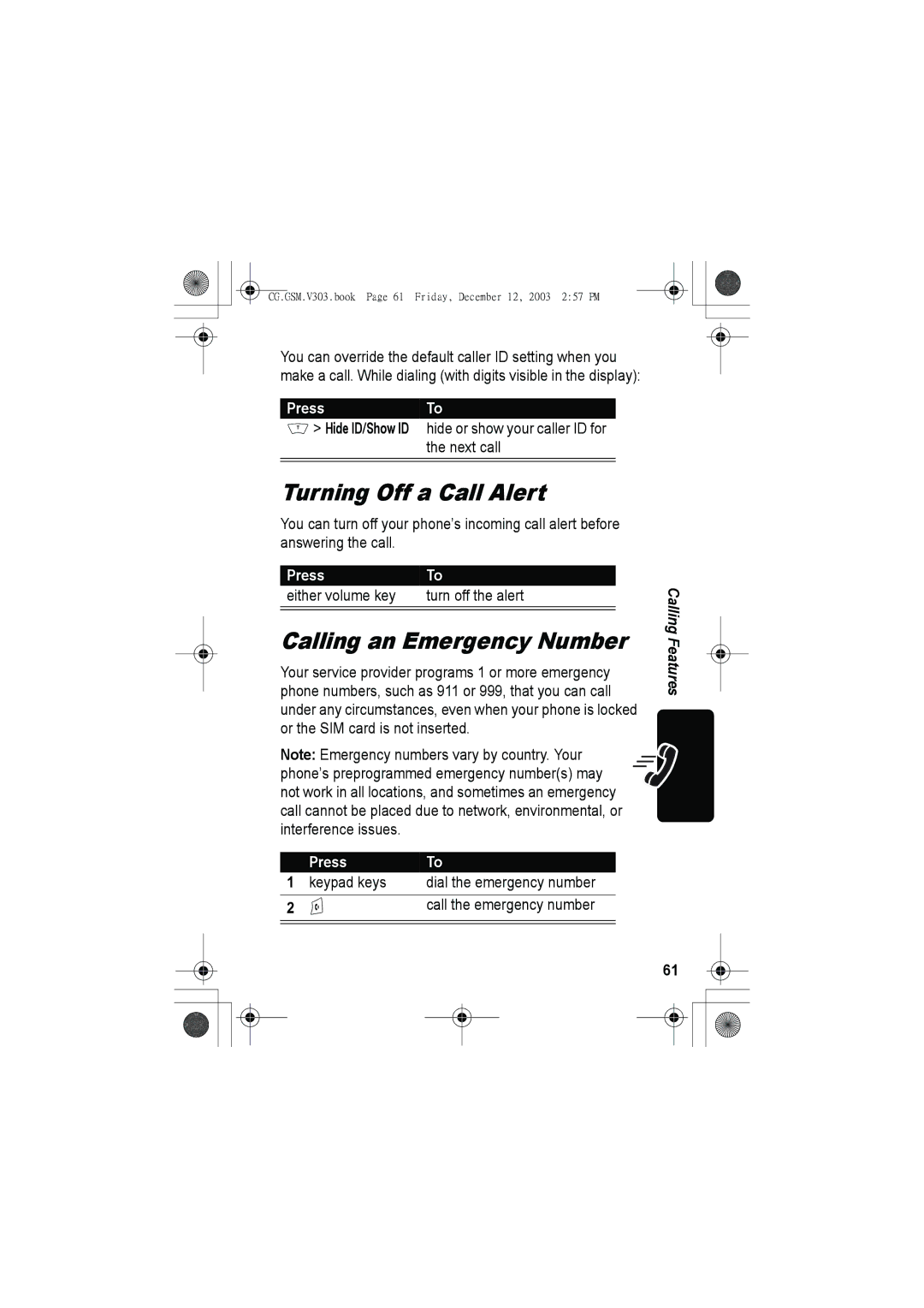 Motorola V303 manual Turning Off a Call Alert, Calling an Emergency Number 