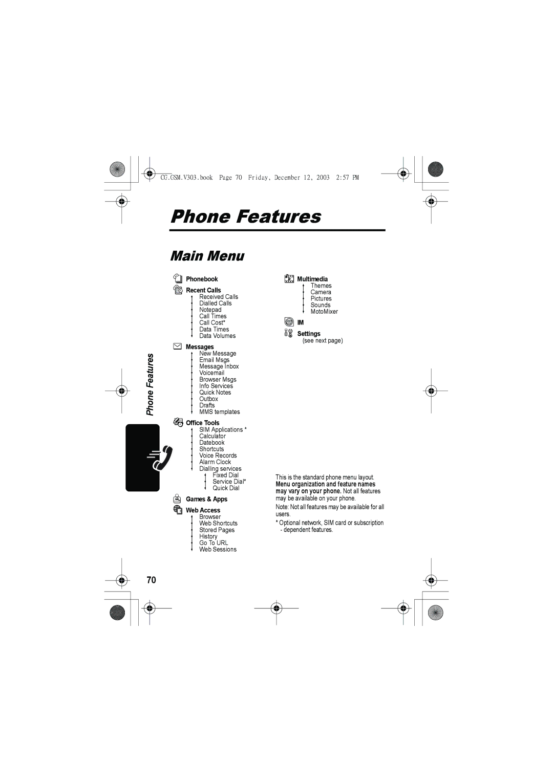 Motorola V303 manual Phone Features, Main Menu 