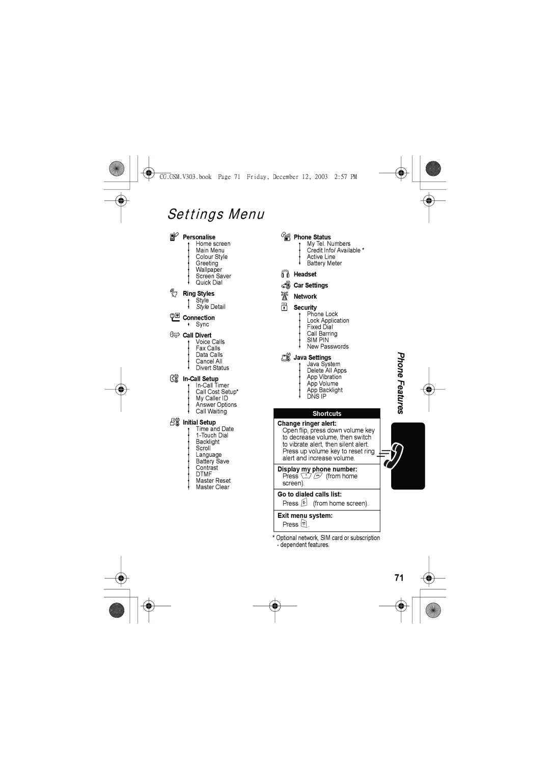 Motorola V303 manual Settings Menu 