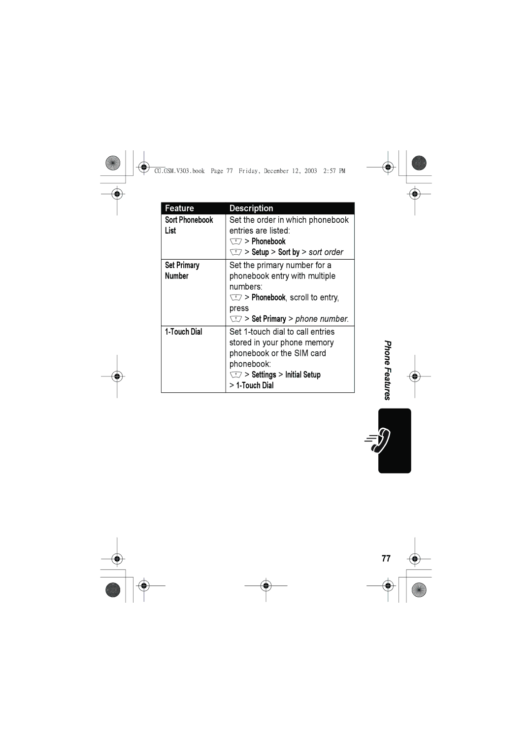 Motorola V303 manual Sort Phonebook, List, Setup Sort by sort order, Number, Set Primary phone number, Touch Dial 