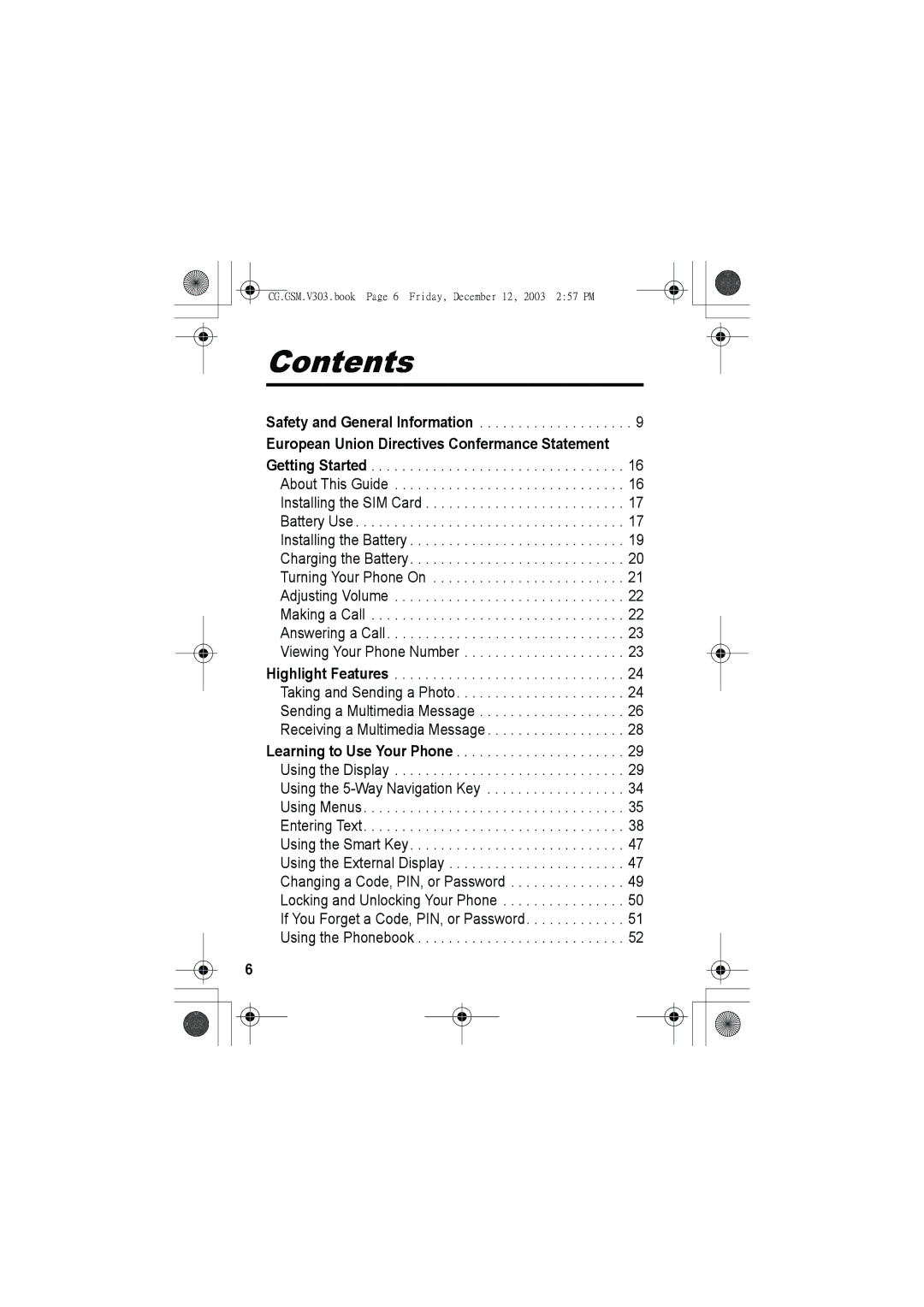 Motorola V303 manual Contents 