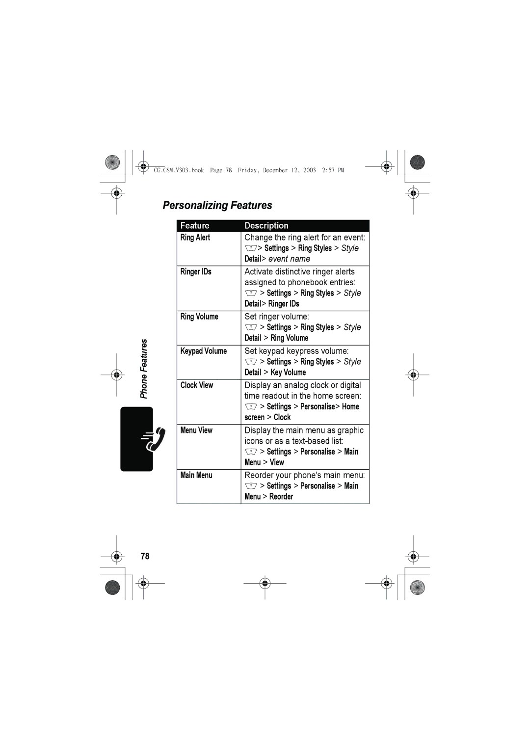 Motorola V303 manual Personalizing Features 