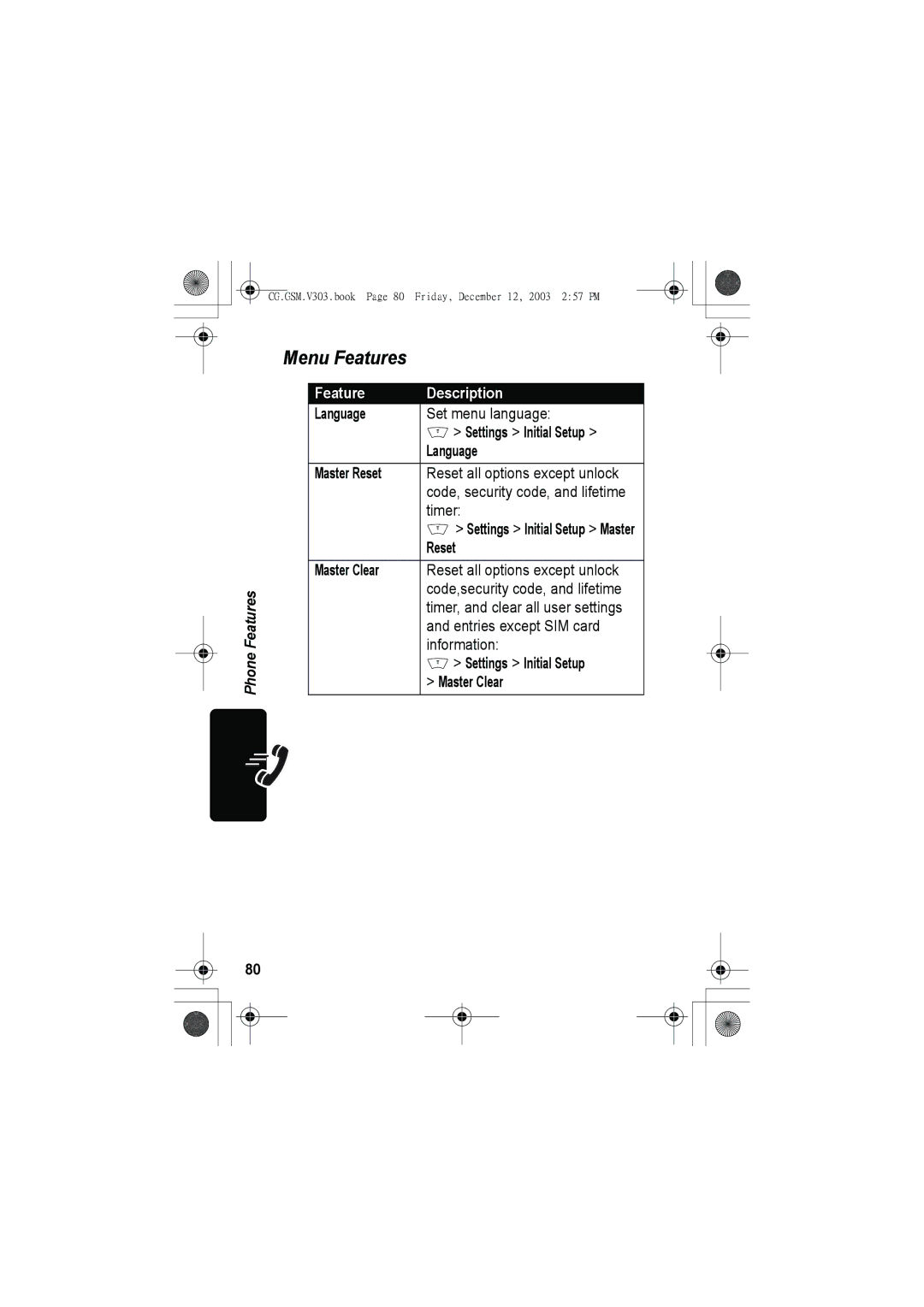 Motorola V303 manual Menu Features, Language, Master Reset, Master Clear 