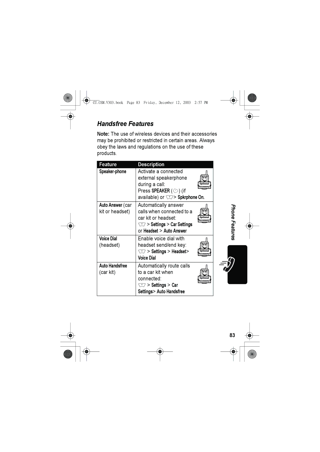 Motorola V303 manual Handsfree Features 