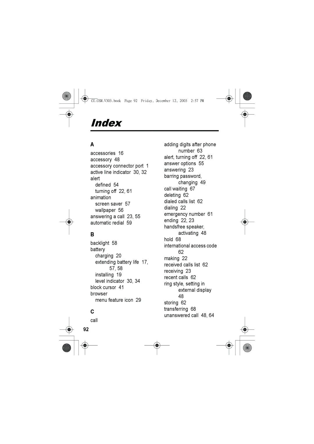 Motorola V303 manual Index, Call 