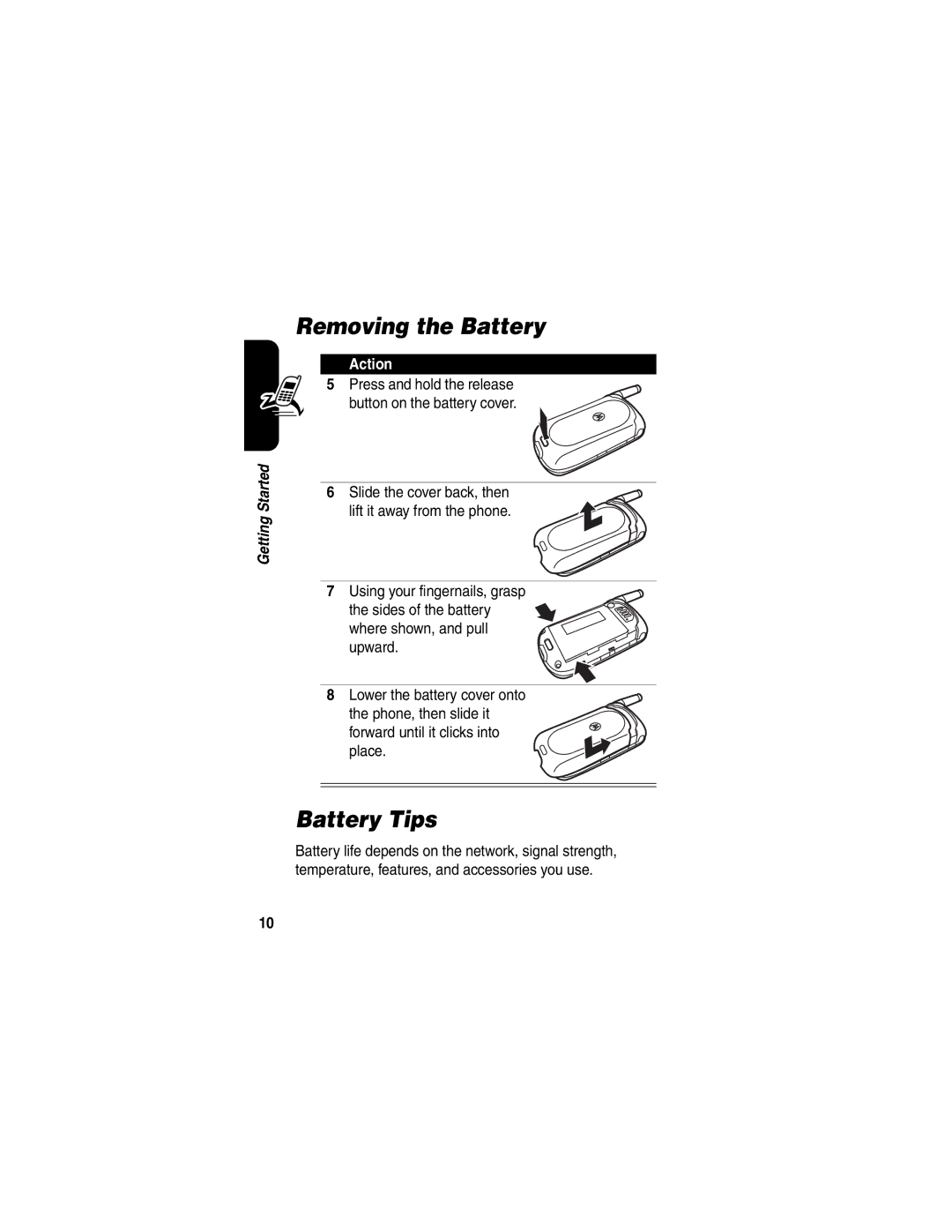 Motorola V323 manual Removing the Battery, Battery Tips 