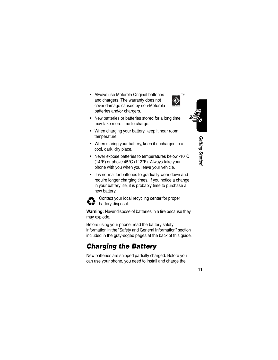 Motorola V323 manual Charging the Battery 