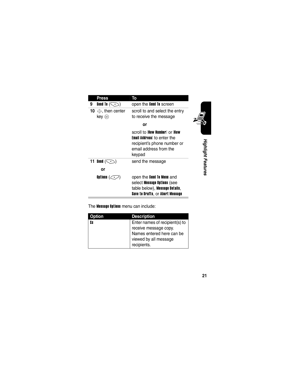 Motorola V323 manual Open the Send To screen 