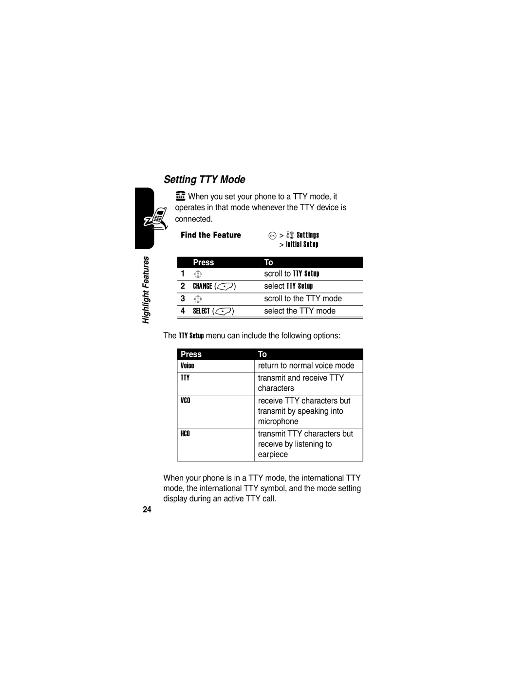 Motorola V323 manual Setting TTY Mode, Find the Feature 