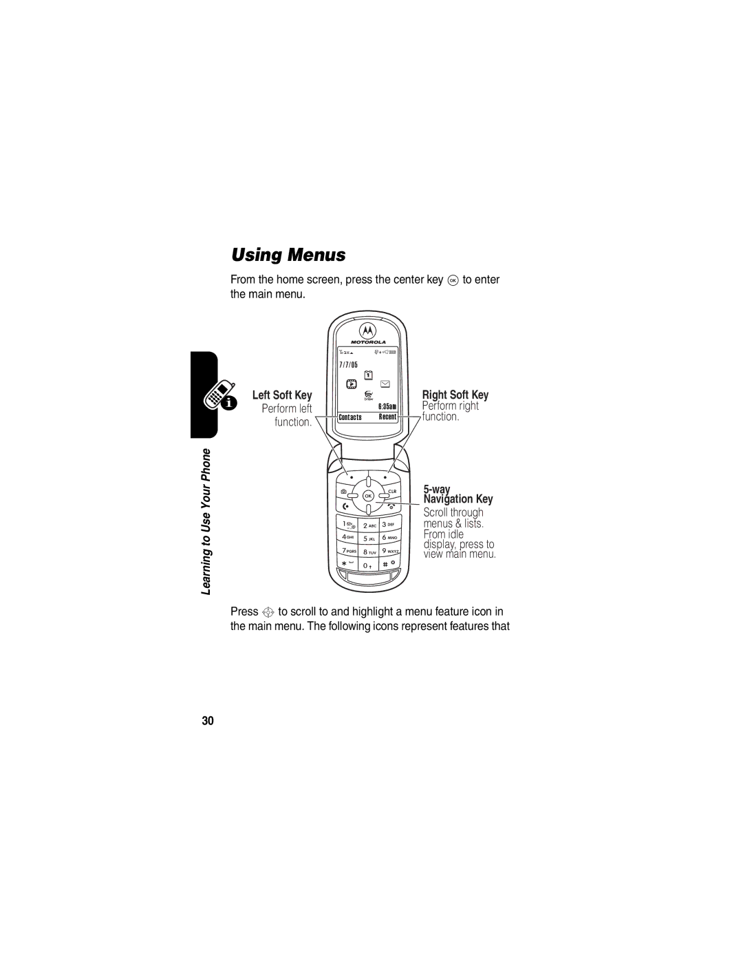 Motorola V323 manual Using Menus, Way Navigation Key 