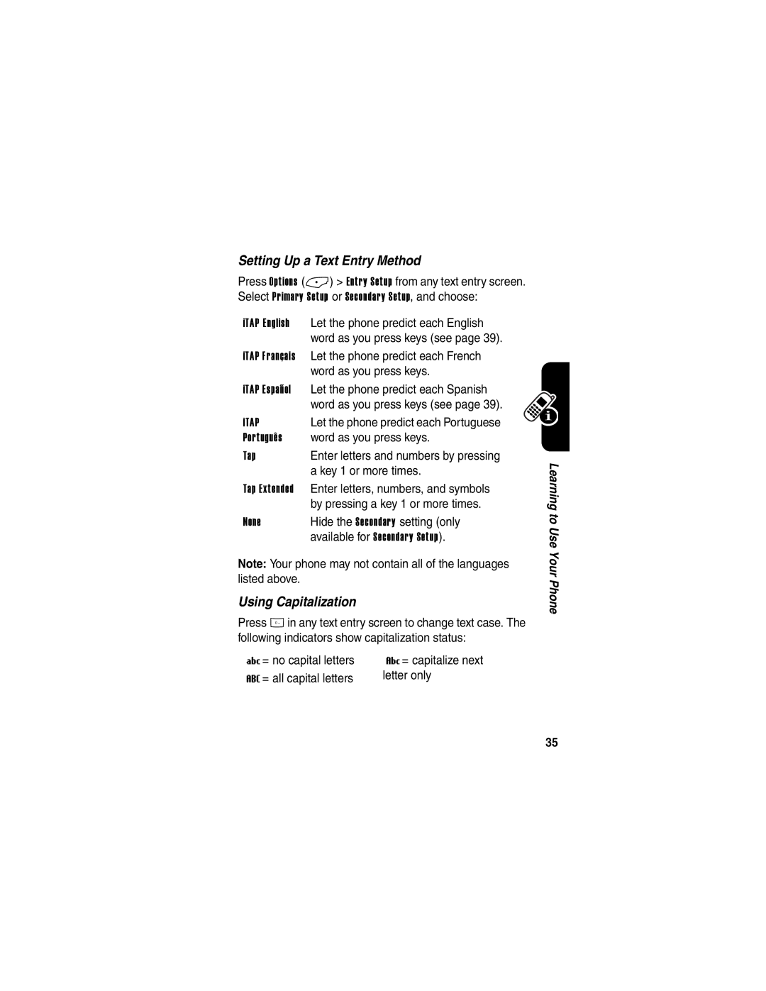 Motorola V323 manual Setting Up a Text Entry Method 