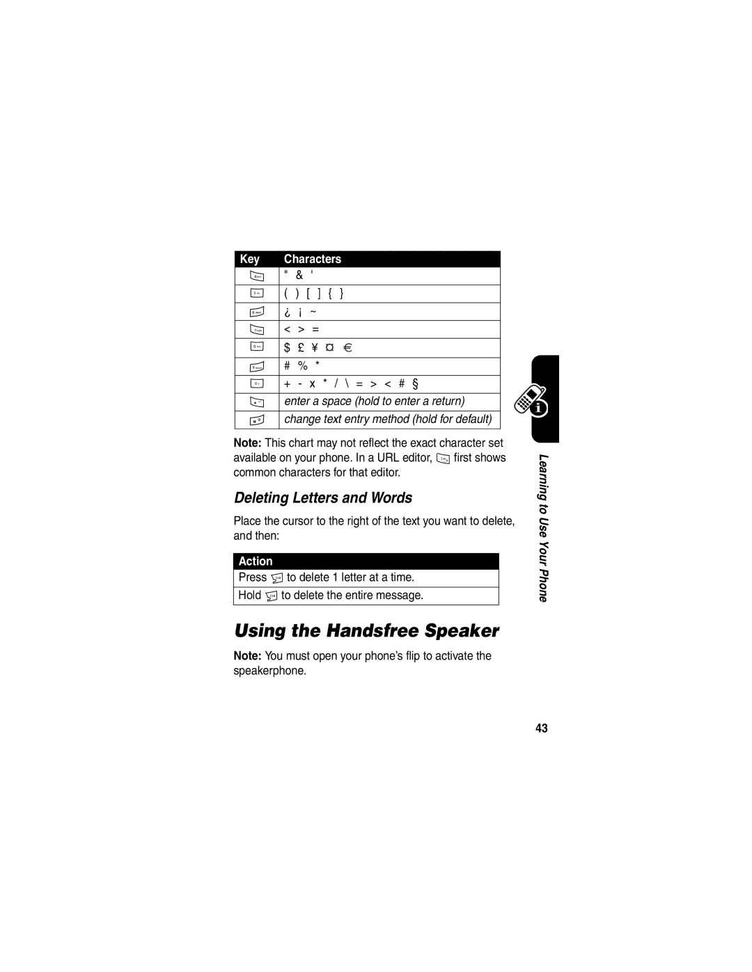 Motorola V323 manual Using the Handsfree Speaker, Deleting Letters and Words 