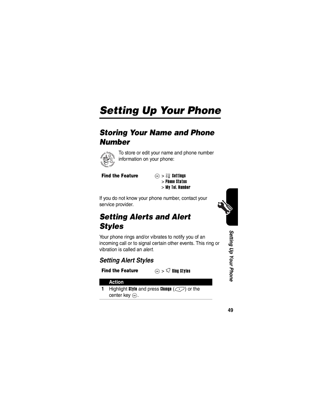 Motorola V323 manual Setting Up Your Phone, Storing Your Name and Phone Number, Setting Alerts and Alert Styles 