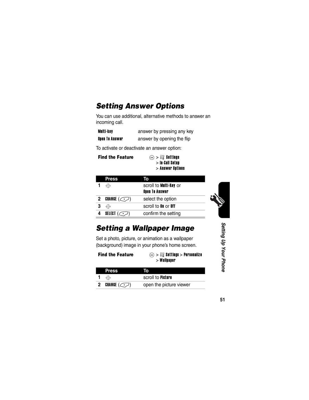 Motorola V323 manual Setting Answer Options, Setting a Wallpaper Image 