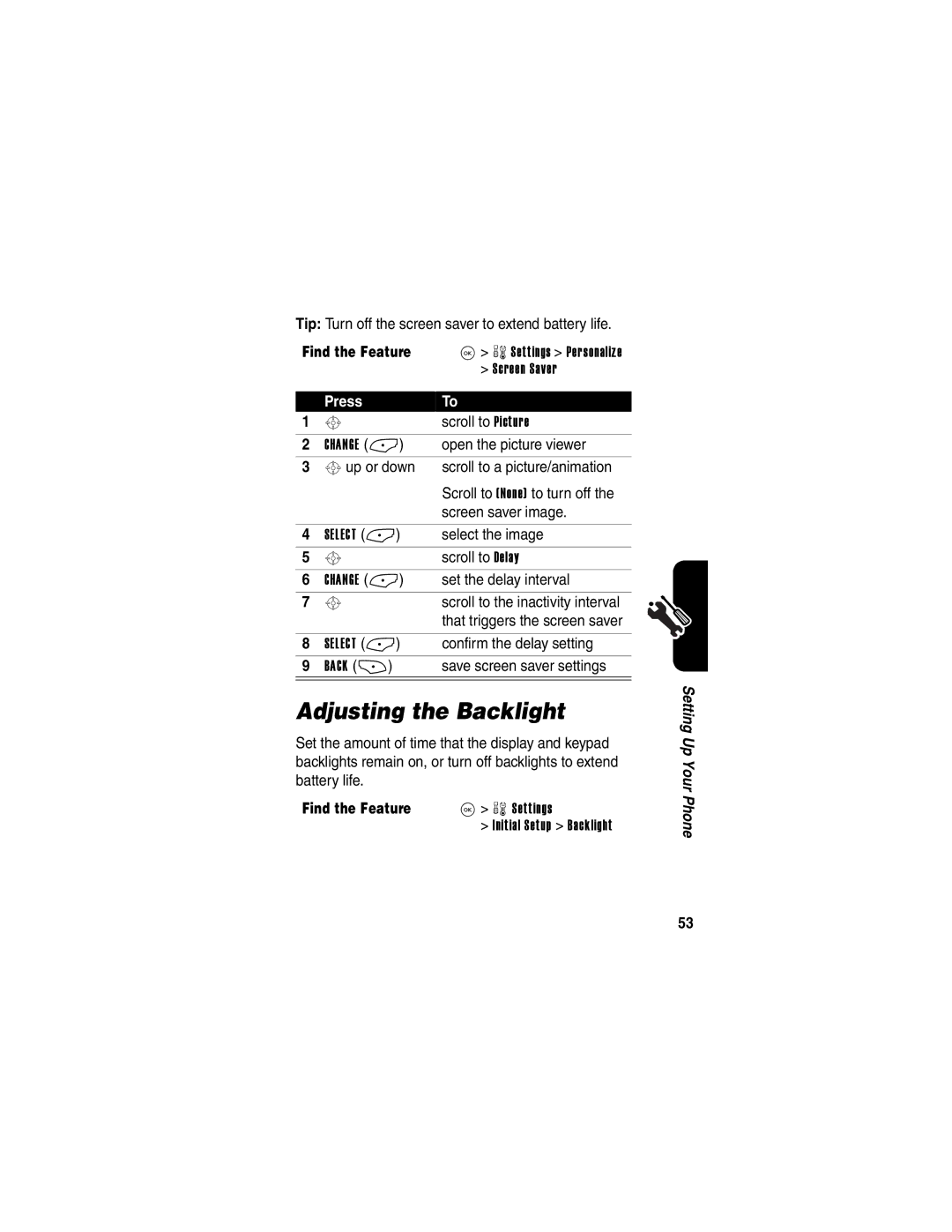 Motorola V323 manual Adjusting the Backlight 