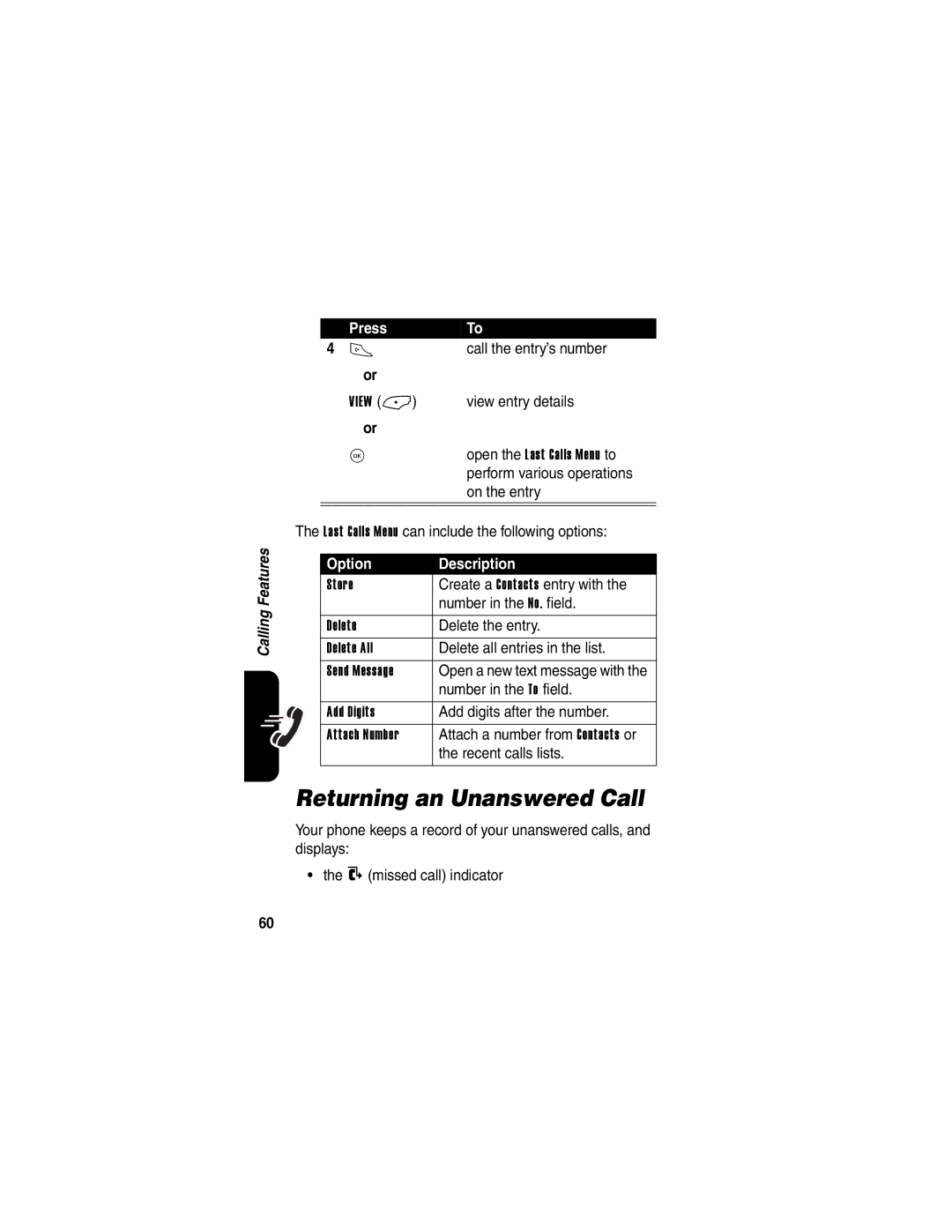 Motorola V323 manual Returning an Unanswered Call 