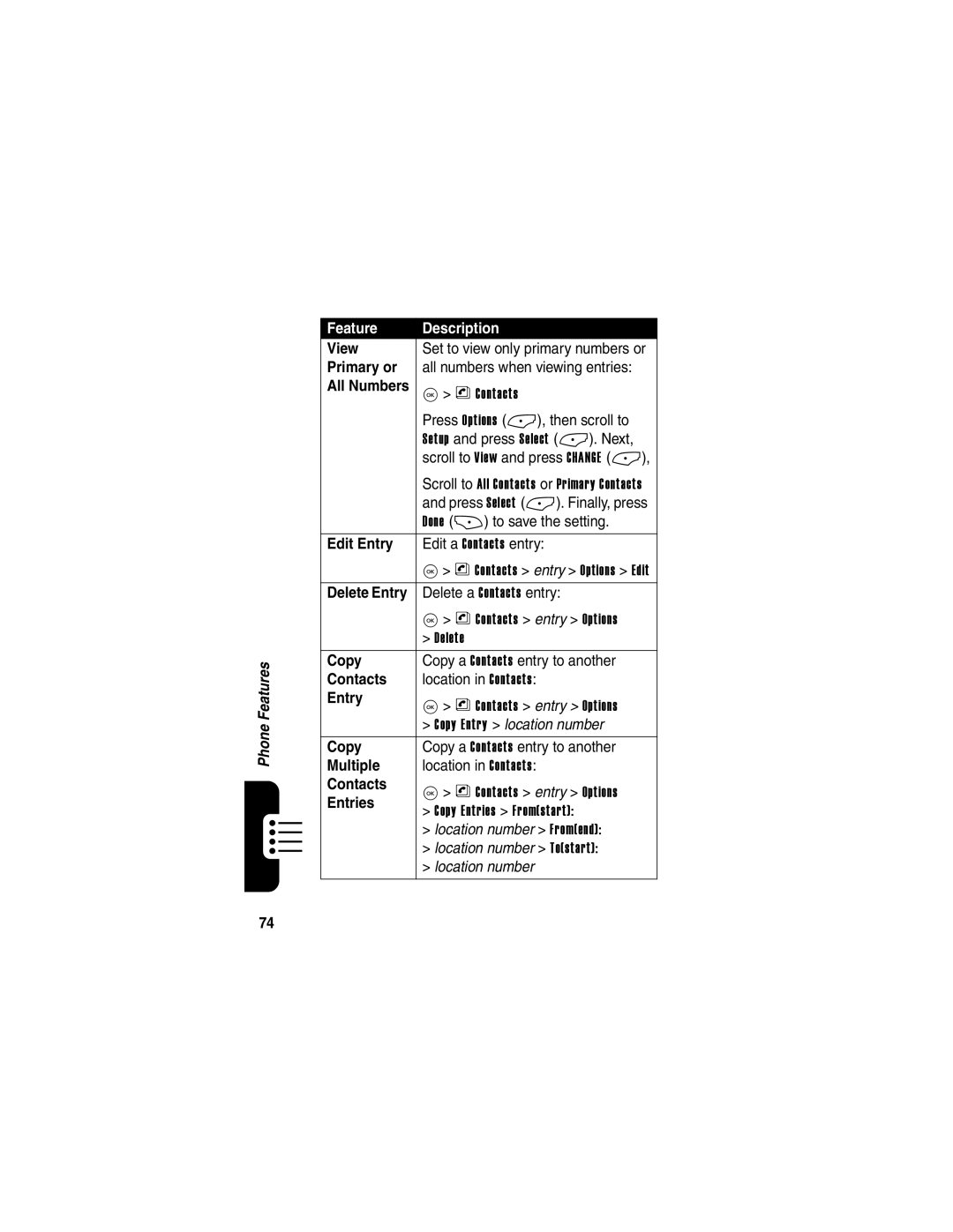 Motorola V323 manual View, Primary or, Edit Entry, Copy, Multiple, Entries 