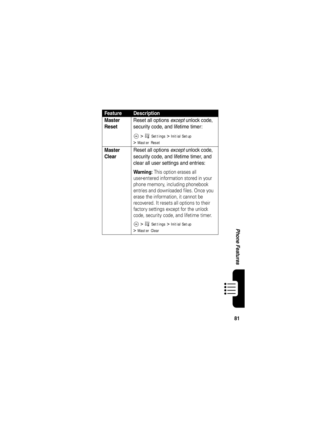 Motorola V323 manual Master, Reset, Clear 