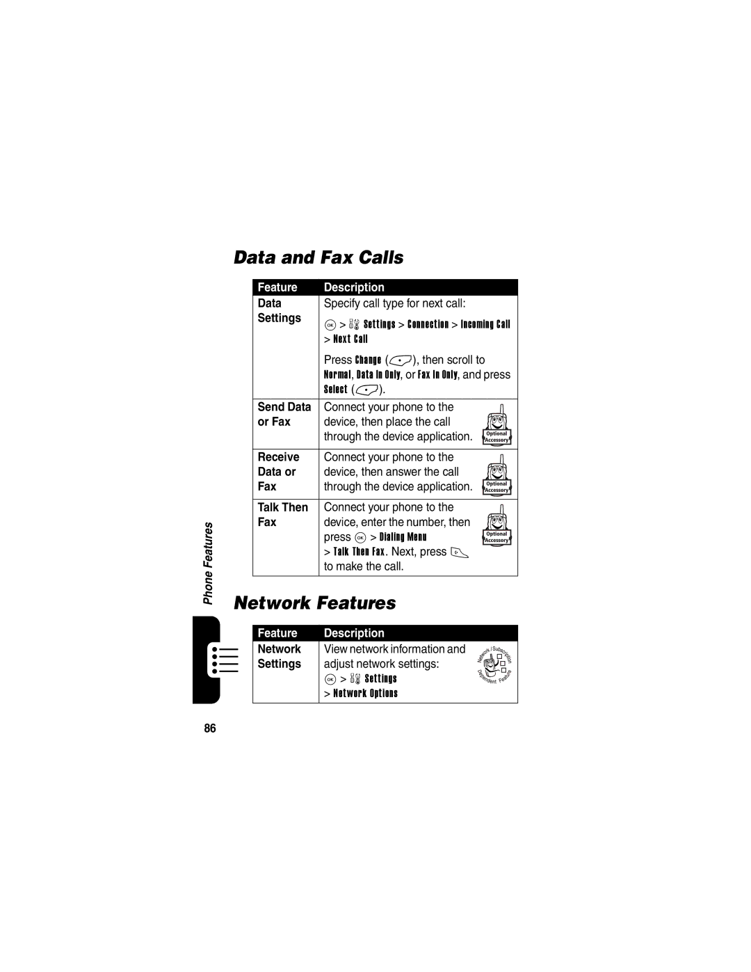 Motorola V323 manual Data and Fax Calls, Network Features 