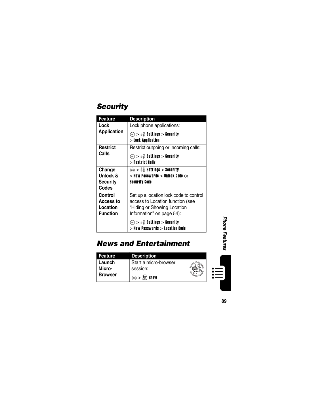 Motorola V323 manual Security, News and Entertainment 