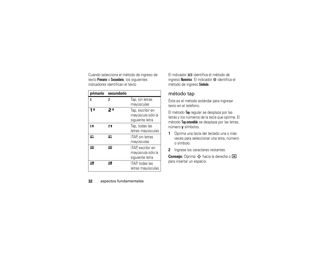 Motorola V323i manual Método tap, Primario Secundario 