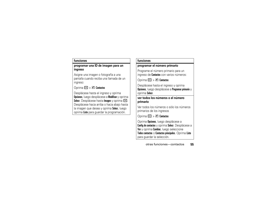 Motorola V323i manual Funciones Programar una ID de imagen para un ingreso, Funciones Programar el número primario 