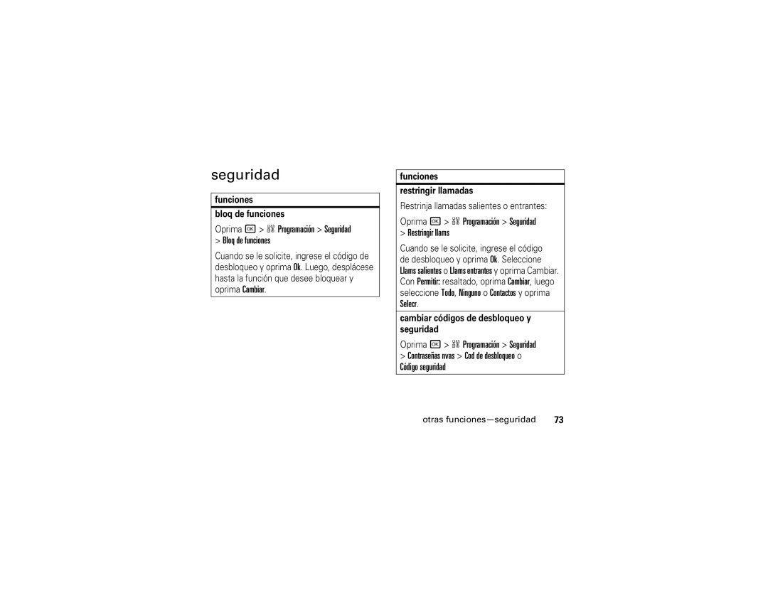 Motorola V323i Oprima r w Programación Seguridad Bloq de funciones, Oprima r w Programación Seguridad Restringir llams 