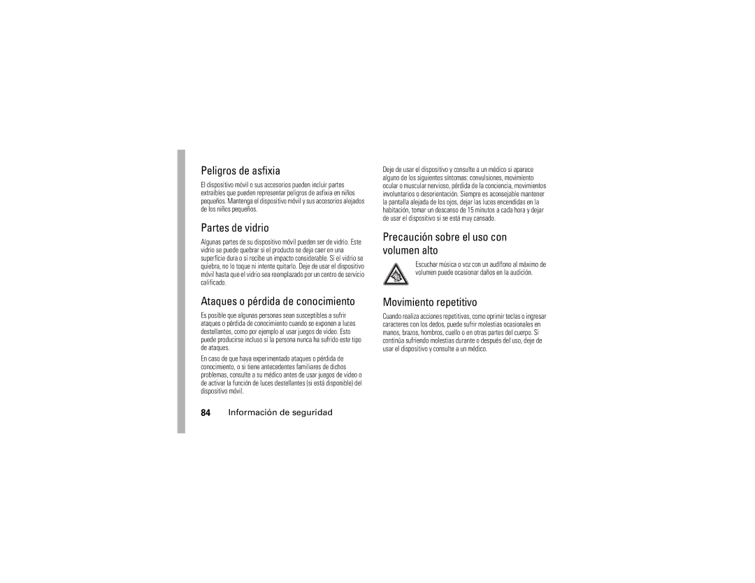 Motorola V323i manual Peligros de asfixia, Partes de vidrio, Ataques o pérdida de conocimiento, Movimiento repetitivo 