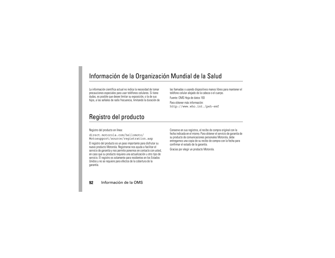 Motorola V323i manual Información de la Organización Mundial de la Salud, Registro del producto, Información de la OMS 