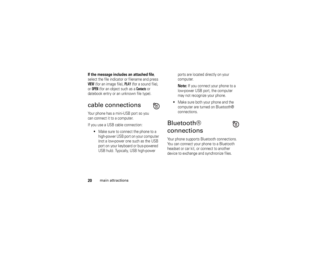 Motorola V323i manual Cable connections, Bluetooth connections 