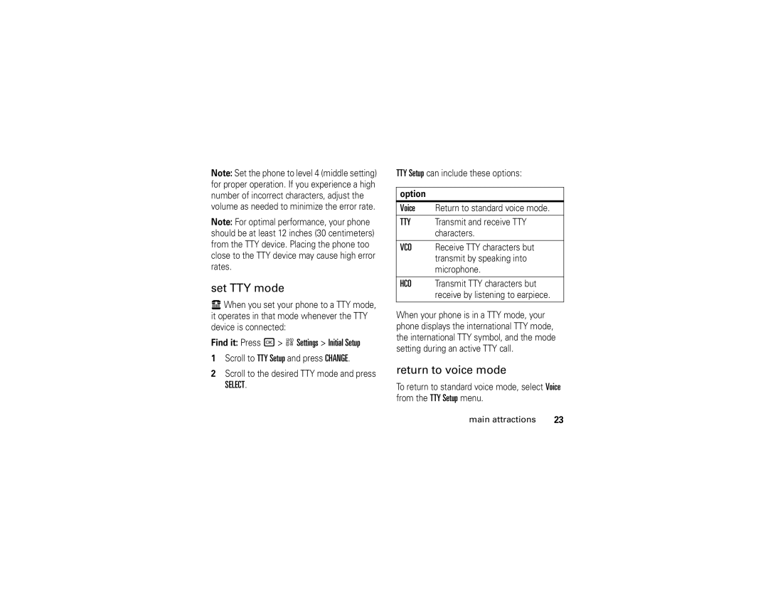 Motorola V323i manual Set TTY mode, Return to voice mode, Find it Press r w Settings Initial Setup, Option 