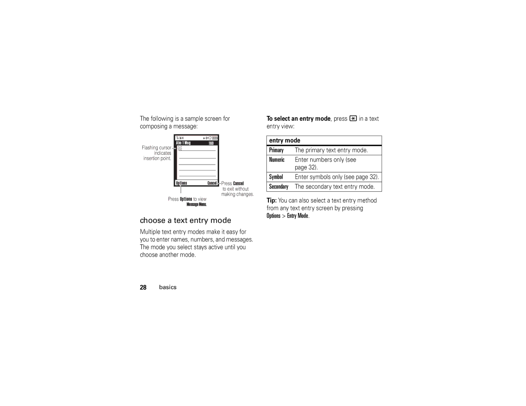 Motorola V323i manual Choose a text entry mode, To select an entry mode, press *in a text entry view, Entry mode 