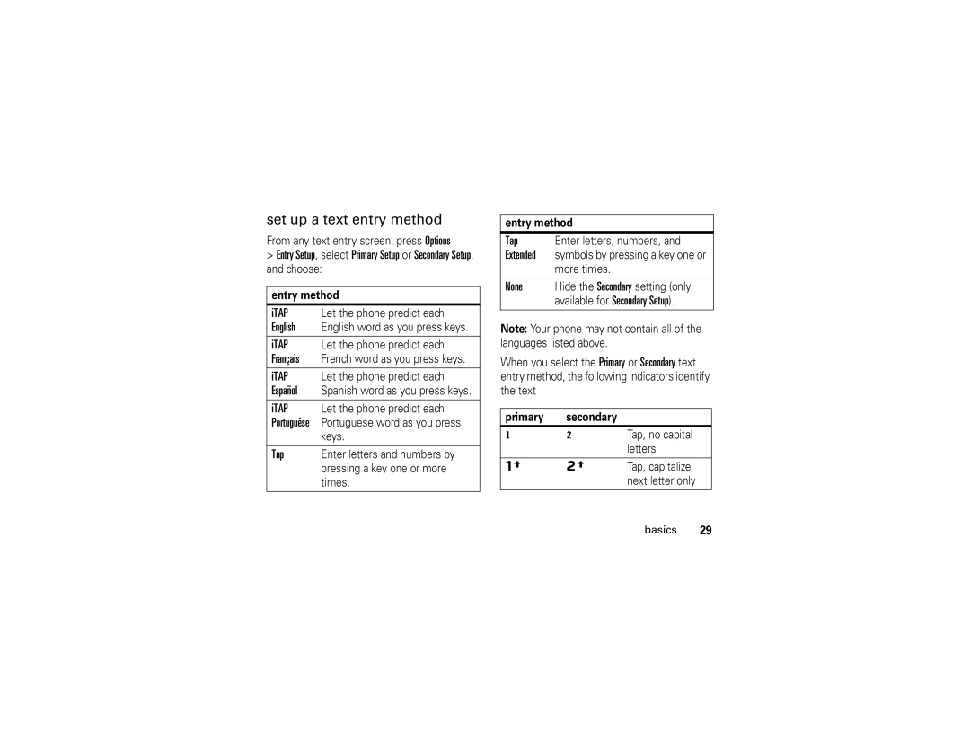 Motorola V323i manual Set up a text entry method, Tap, None, Extended 