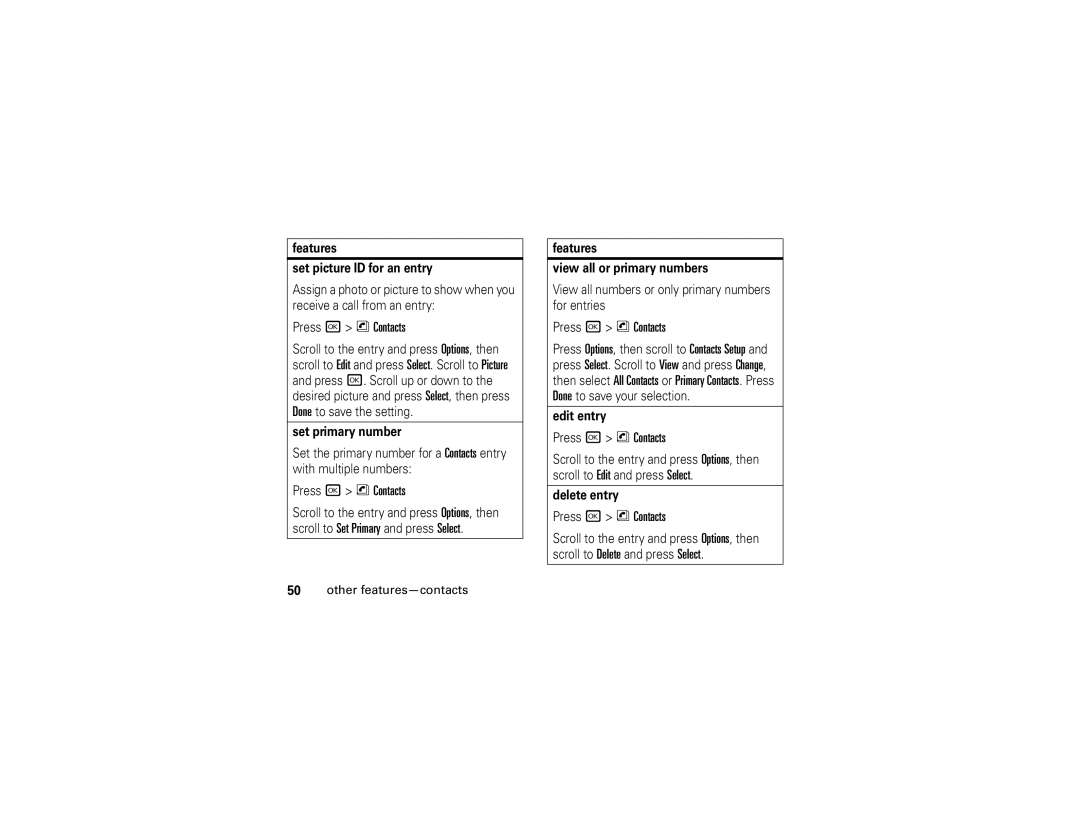 Motorola V323i Features Set picture ID for an entry, Set primary number, Features View all or primary numbers, Edit entry 
