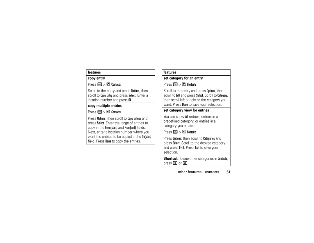 Motorola V323i manual Features Copy entry, Copy multiple entries, Features Set category for an entry 