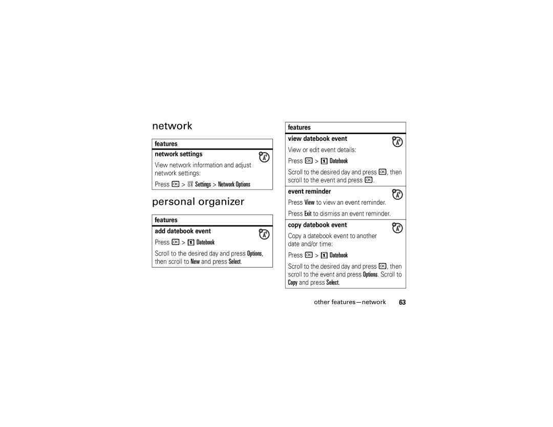 Motorola V323i Personal organizer, Press r w Settings Network Options, Press r 8 Datebook, Other features-network 