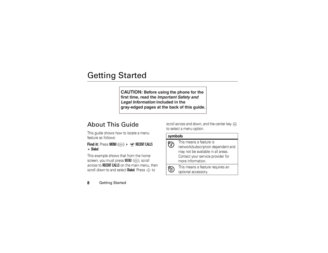 Motorola V325 manual Getting Started, About This Guide, Find it Press Menu K a Recent Calls Dialed, Symbols 