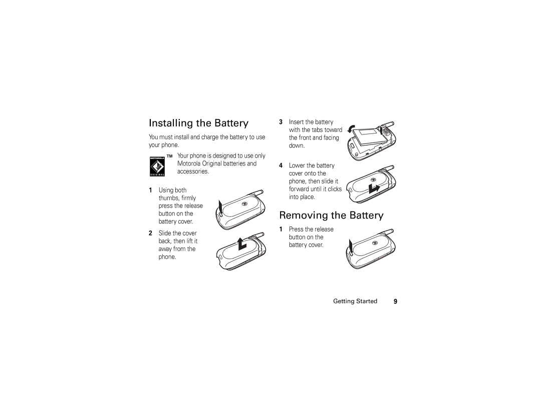 Motorola V325 manual Installing the Battery, Removing the Battery 