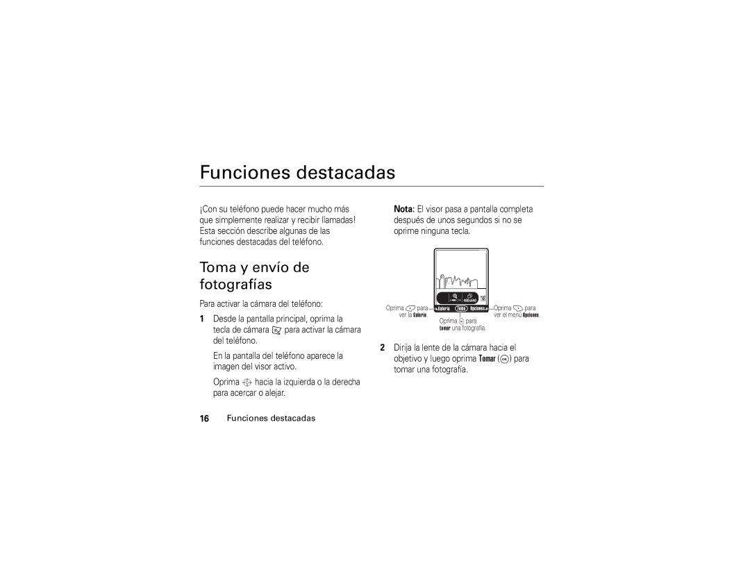 Motorola V325 manual Funciones destacadas, Toma y envío de fotografías 