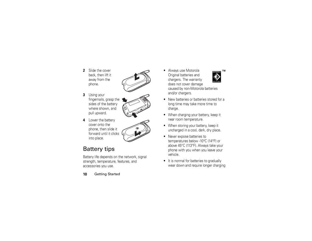 Motorola V325 manual Battery tips, Slide the cover Back, then lift it away from the phone 