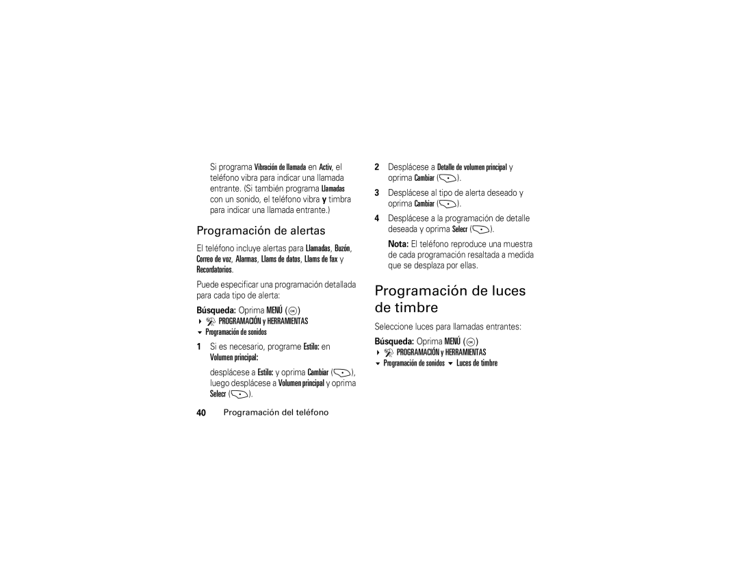 Motorola V325 manual Programación de luces de timbre, Programación de alertas, Programación y Herramientas 