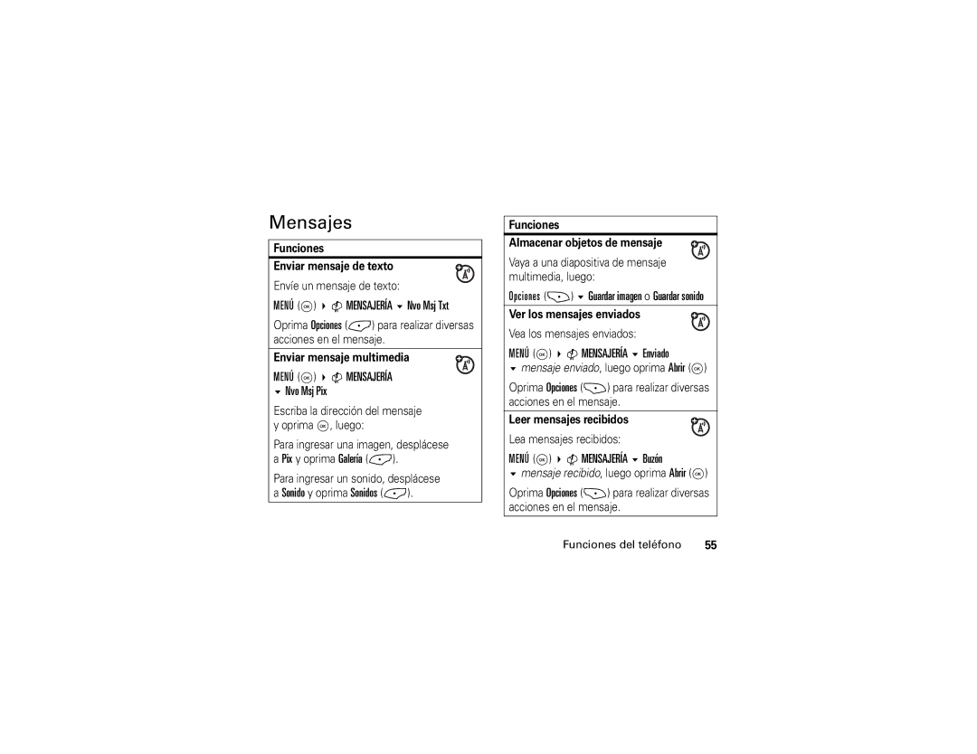 Motorola V325 manual Mensajes, MEN Ú K C Mensajería Nvo Msj Txt, MEN Ú K C Mensajería Enviado, MEN Ú K C Mensajería Buzón 