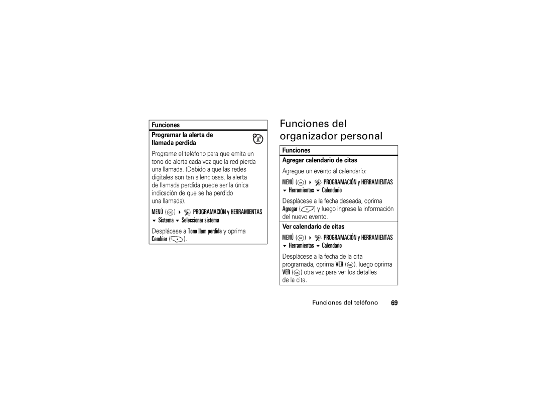 Motorola V325 manual Funciones del organizador personal, Funciones Programar la alerta de llamada perdida 