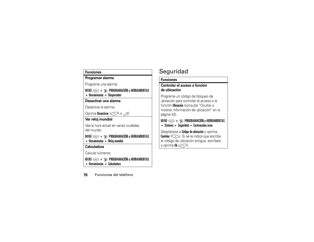 Motorola V325 manual Seguridad, Reloj mundial, Calculadora 