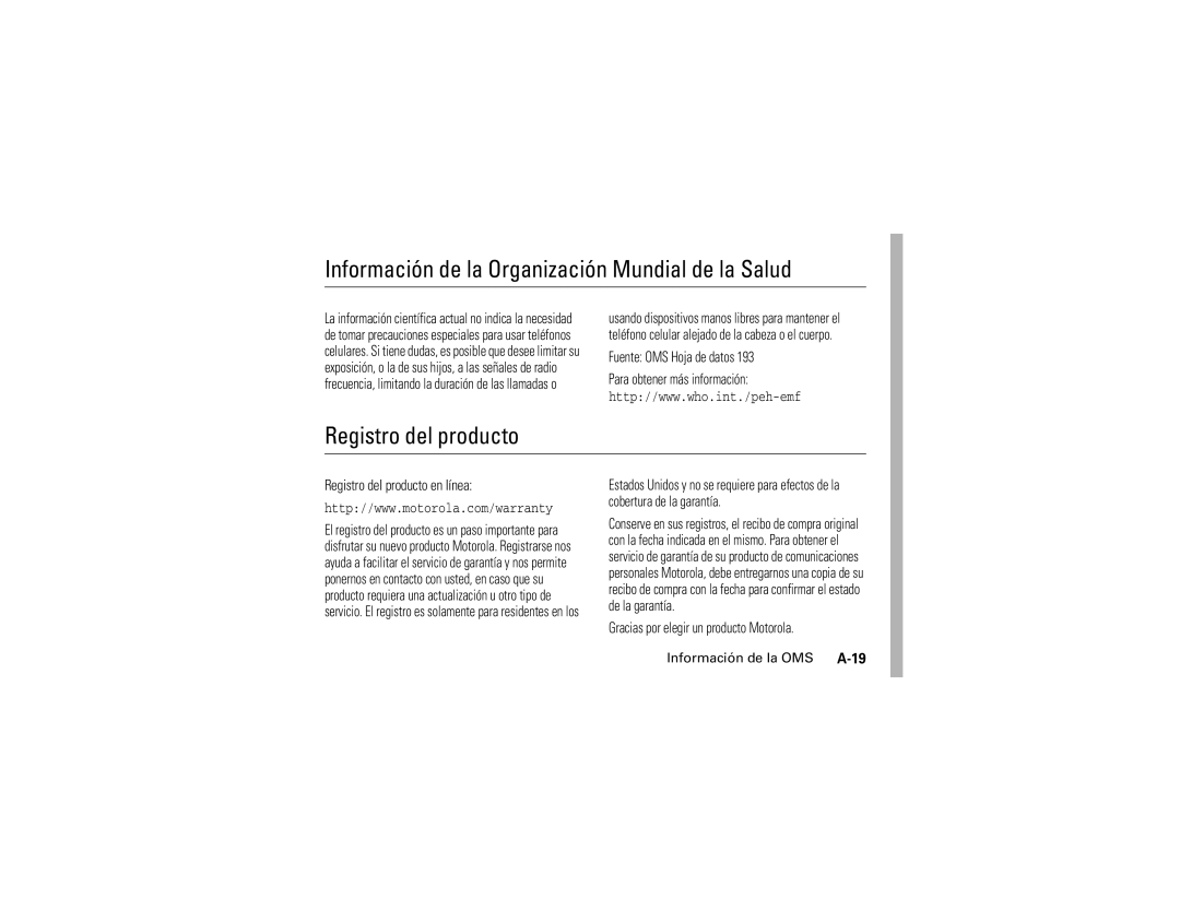 Motorola V325 manual Información de la Organización Mundial de la Salud, Registro del producto 