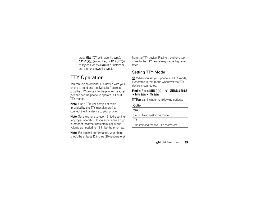 Motorola V325 manual TTY Operation, Setting TTY Mode, Voice 