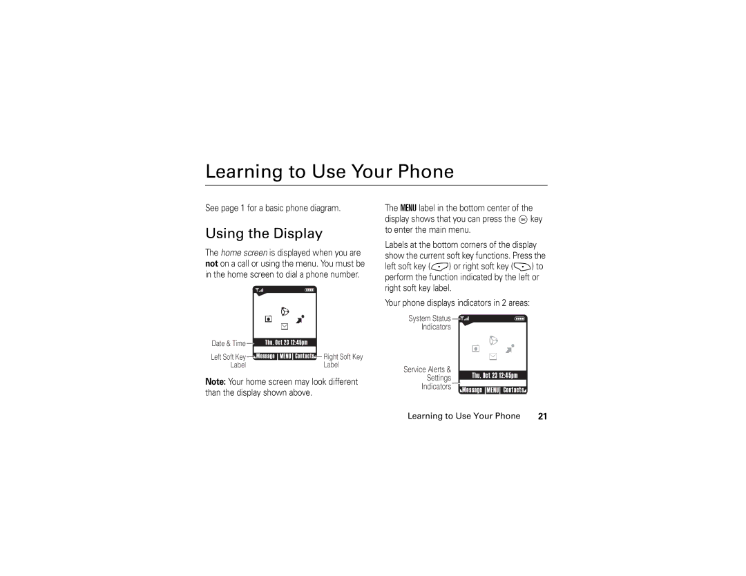 Motorola V325 manual Learning to Use Your Phone, Using the Display, See page 1 for a basic phone diagram 