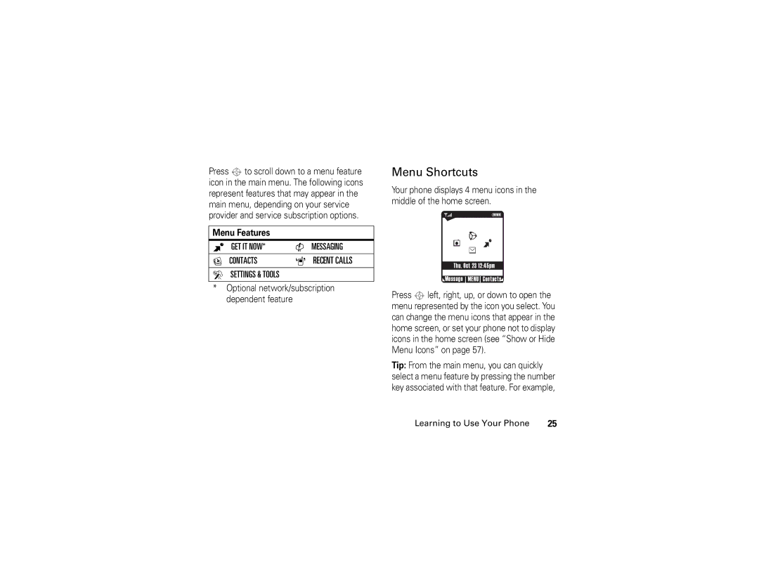 Motorola V325 manual Menu Shortcuts, Menu Features 